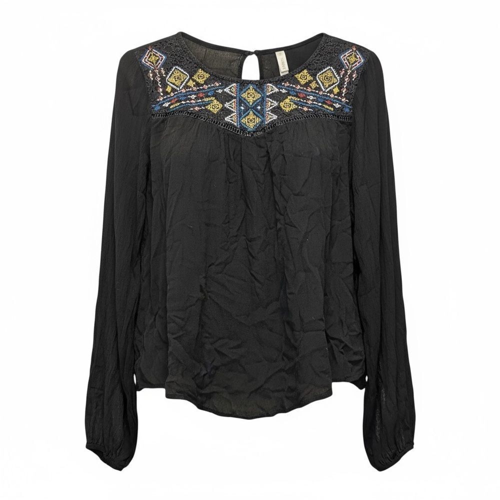 EUC Xhilaration Women’s  Black Long Sleeve Top Blouse Embroidered Accent- Size L - Picture 2 of 5